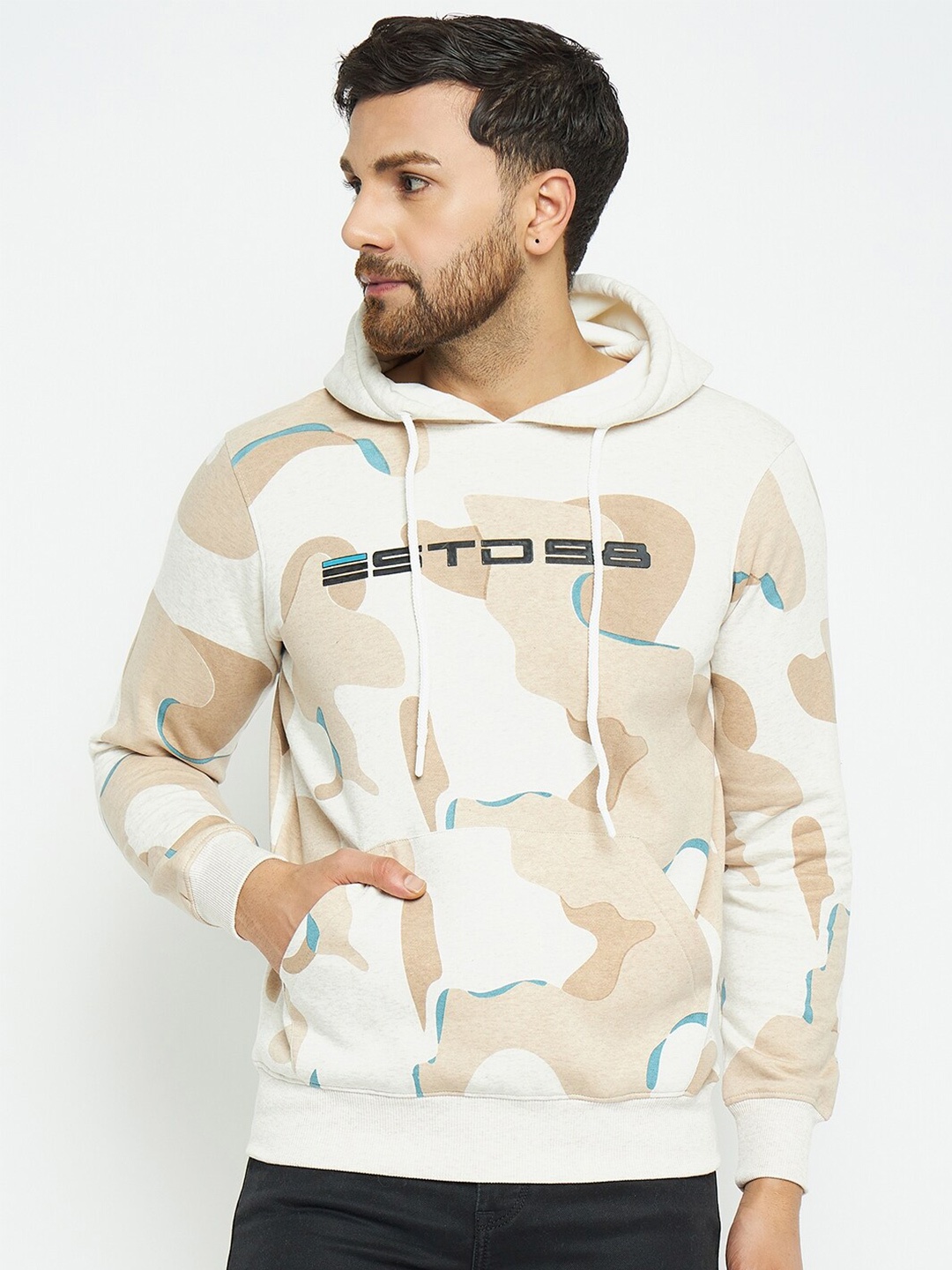 

98 Degree North Abstract Printed Hooded Fleece Pullover Sweatshirt, Off white