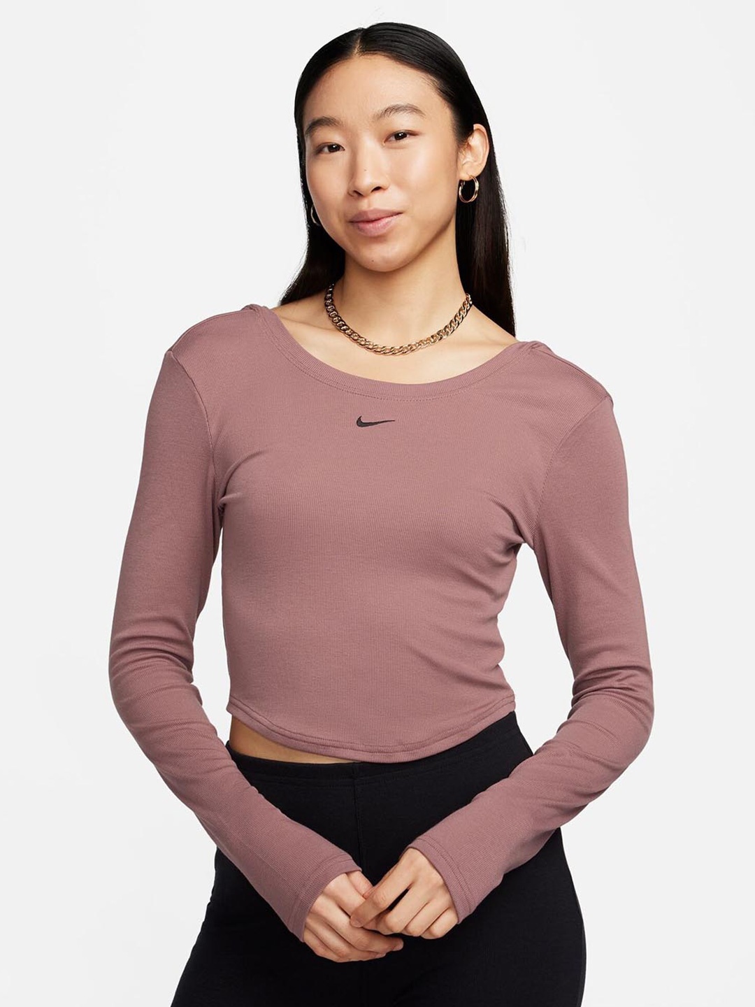 

Nike portswear Chill Knit Tight Scoop-Back Long-Sleeves Mini-Rib Top, Mauve