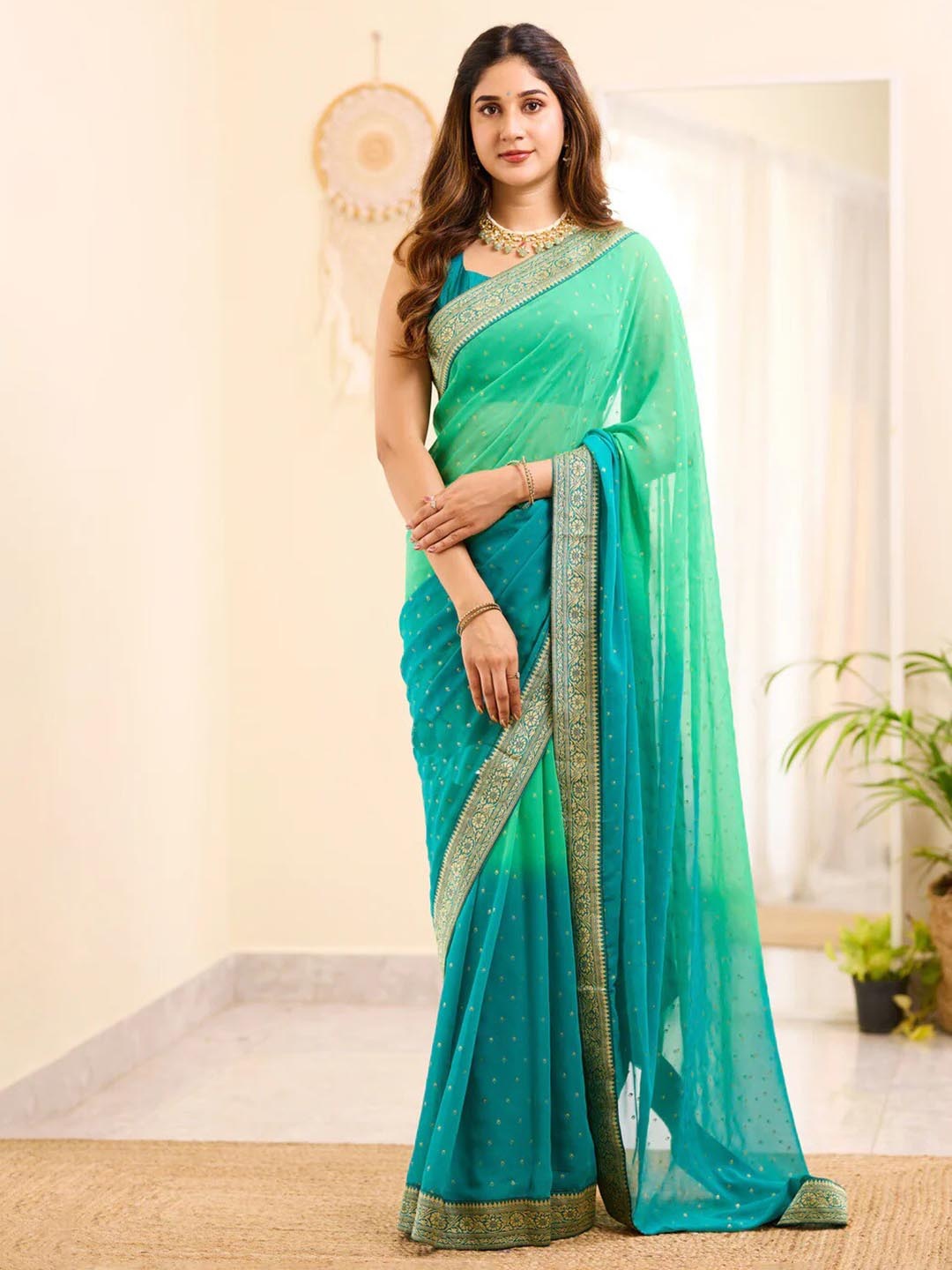 

APNISHA Polka Dot Woven Design Zari Pure Georgette Banarasi Saree, Sea green