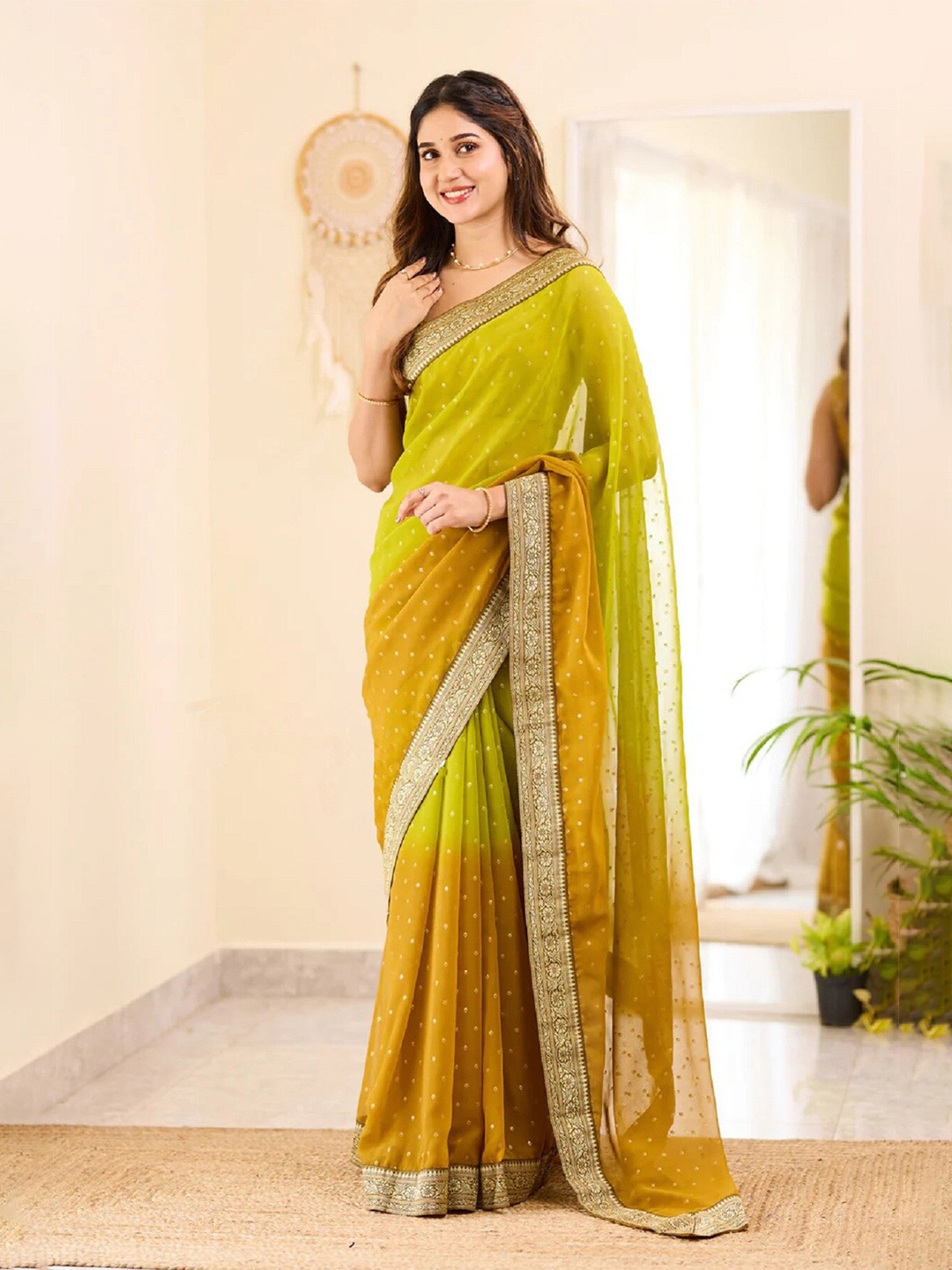 

APNISHA Polka Dot Woven Design Zari Pure Georgette Banarasi Saree, Lime green
