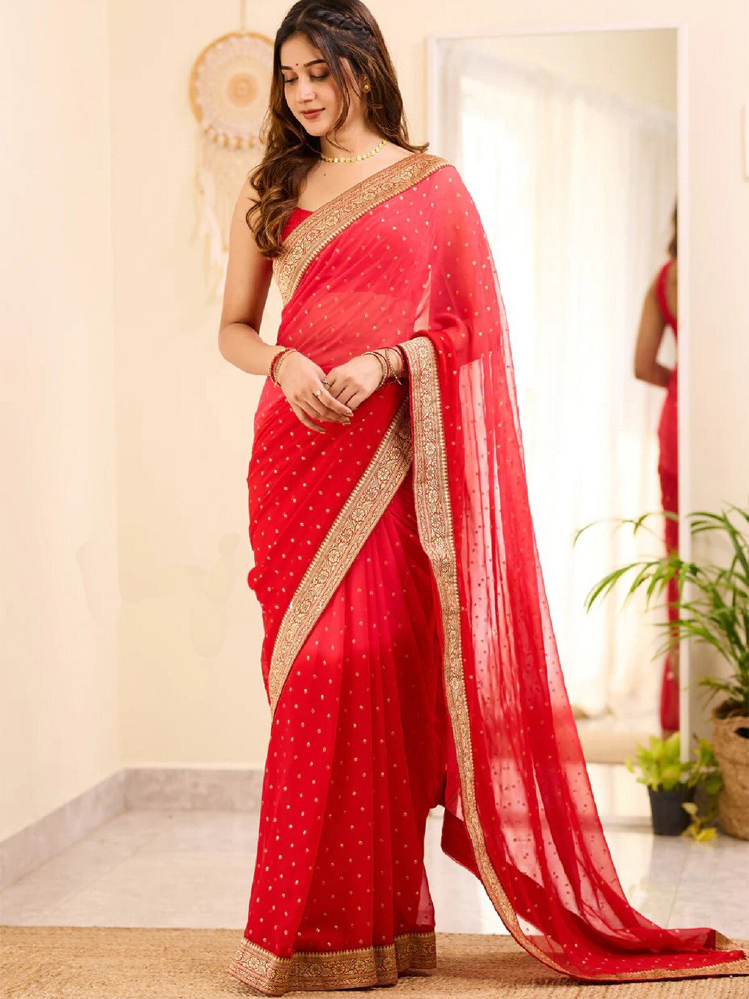 

APNISHA Polka Dot Woven Design Zari Pure Georgette Banarasi Saree, Red