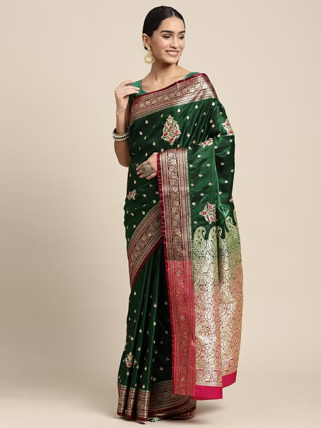 

APNISHA Ethnic Motifs Woven Design Zari Banarasi Saree, Green