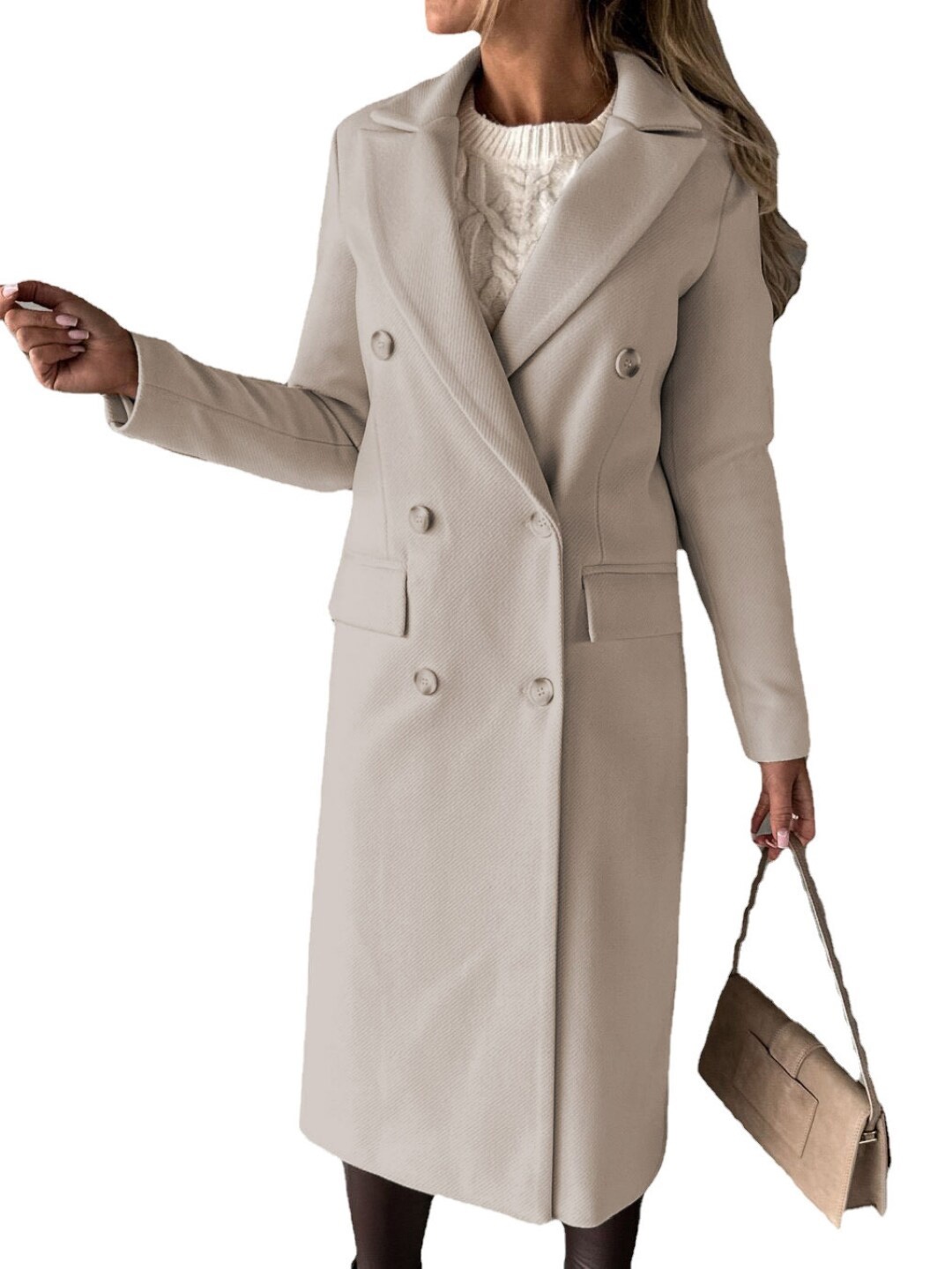 

Stylecast X KPOP Beige Notched Lapel Collar Knee Length Overcoat