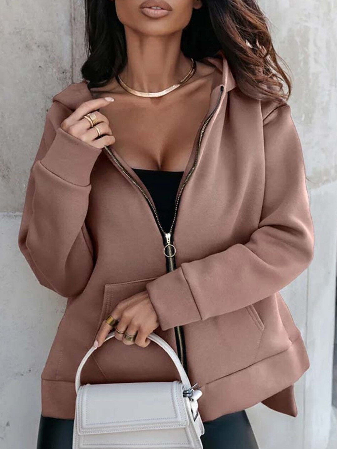 

Stylecast X KPOP Mock Collar Front-Open Sweatshirt, Brown
