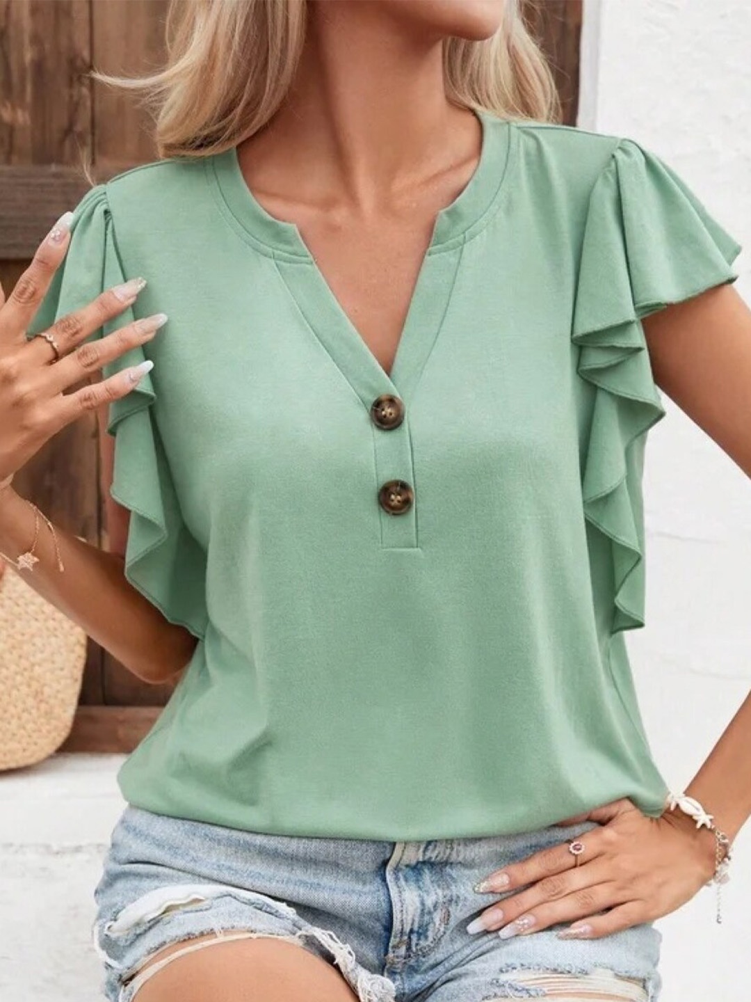 

Stylecast X KPOP V-Neck Flutter Sleeve Regular Top, Green