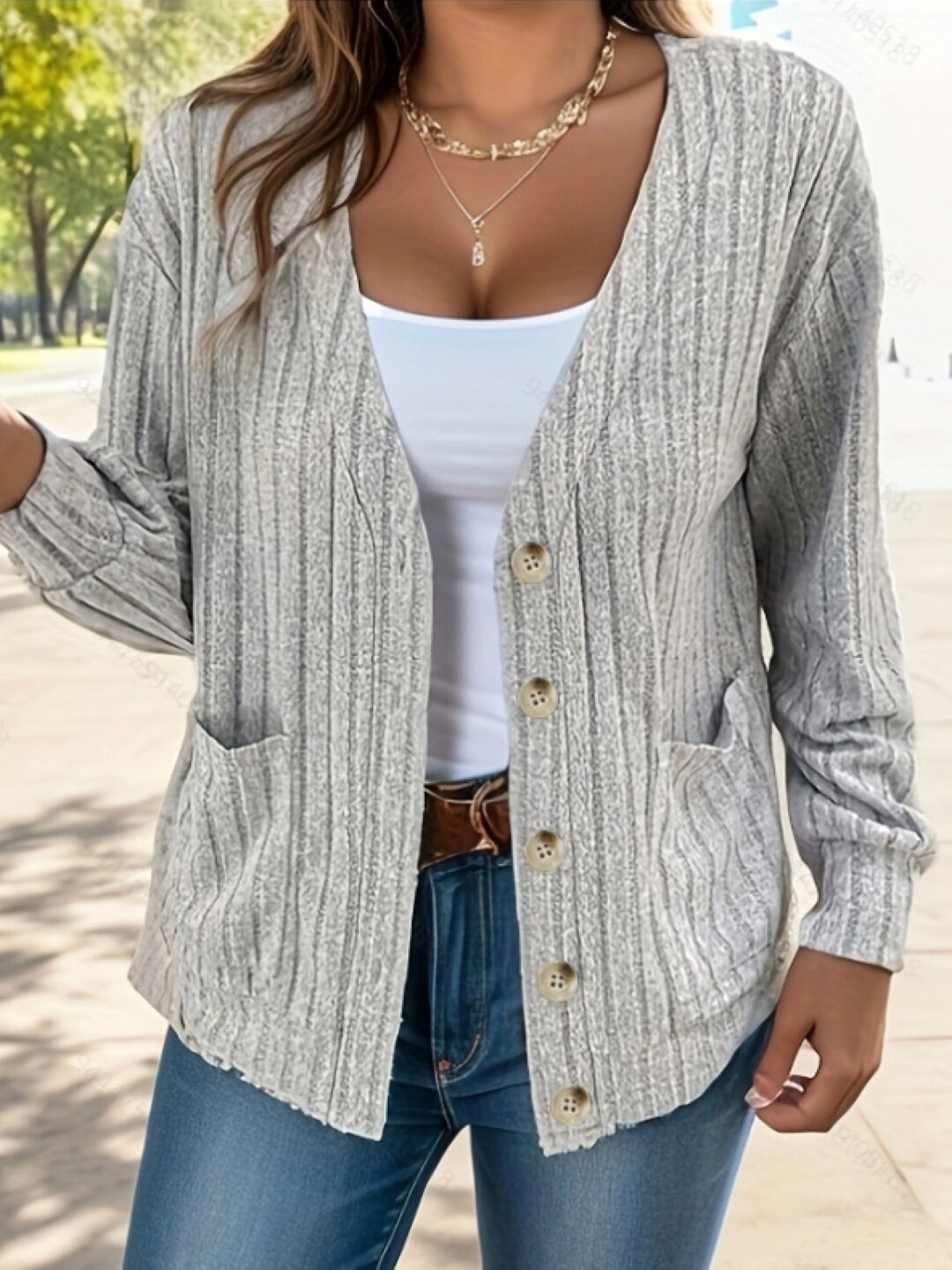 

Stylecast X KPOP Grey Striped V-Neck Cardigan