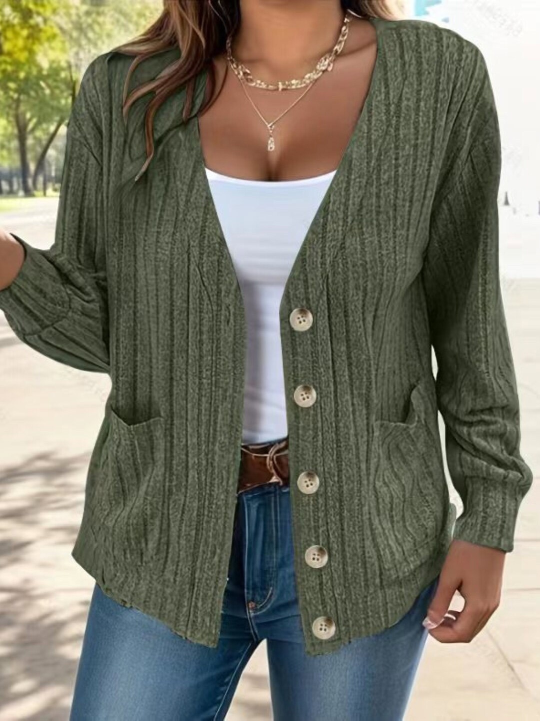 

Stylecast X KPOP Green Striped V-Neck Cardigan