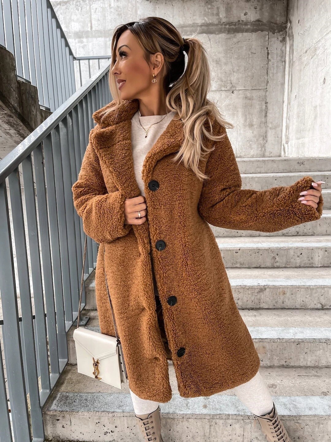 

Stylecast X KPOP Brown Self Designed Spread Collar Knee Length Overcoat