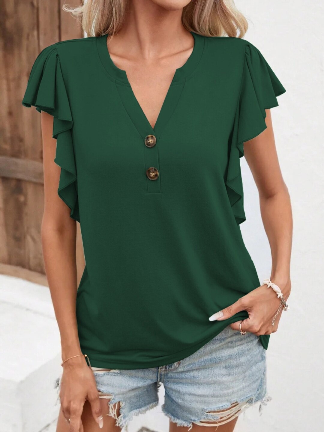 

Stylecast X KPOP Green V-Neck Flutter Sleeves Top