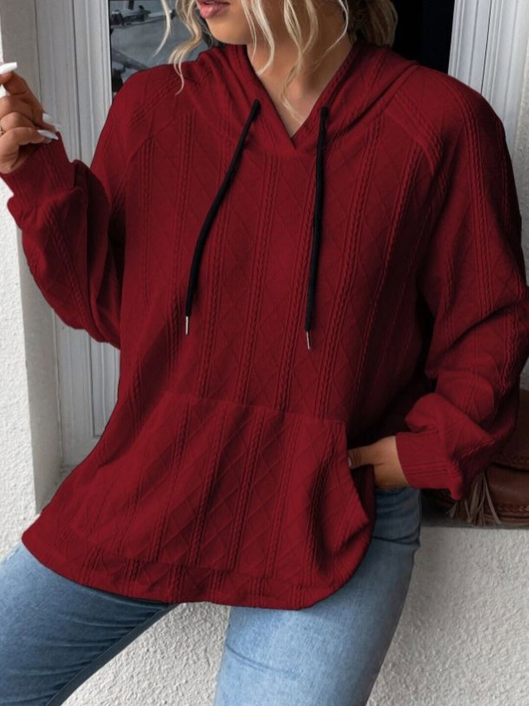 

Stylecast X KPOP Red Self Design Hooded Pullover