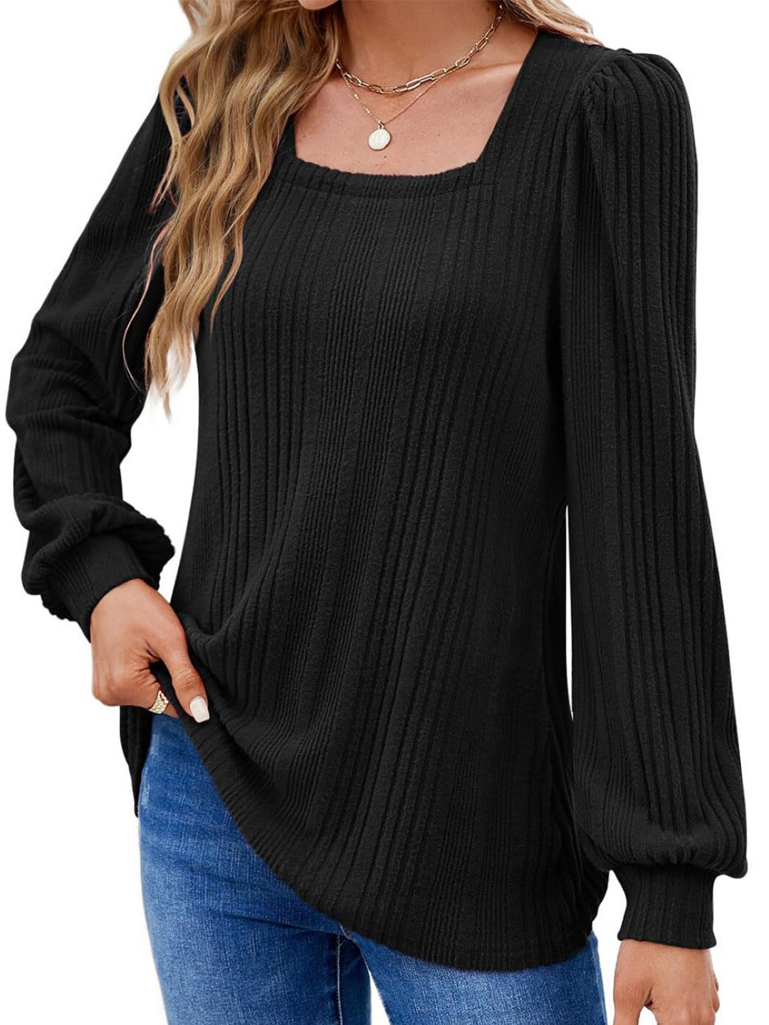 

Stylecast X KPOP Self Design Square Neck Long Sleeves Top, Black