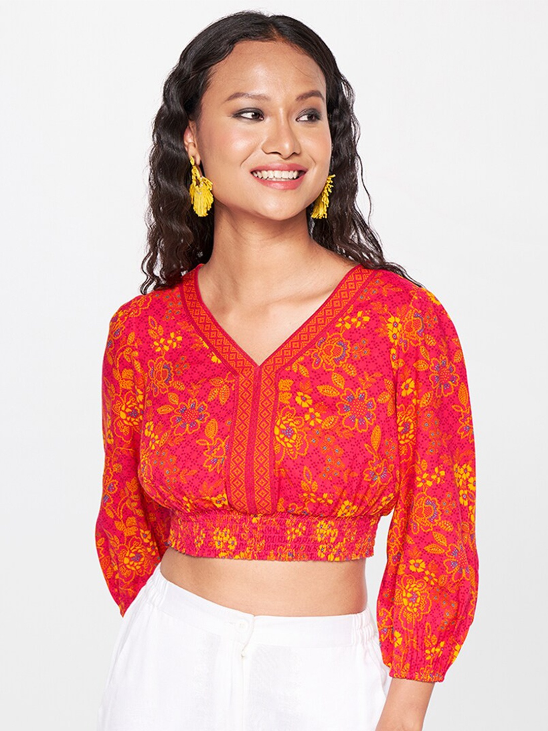 

Global Desi Floral Print Blouson Crop Top, Pink