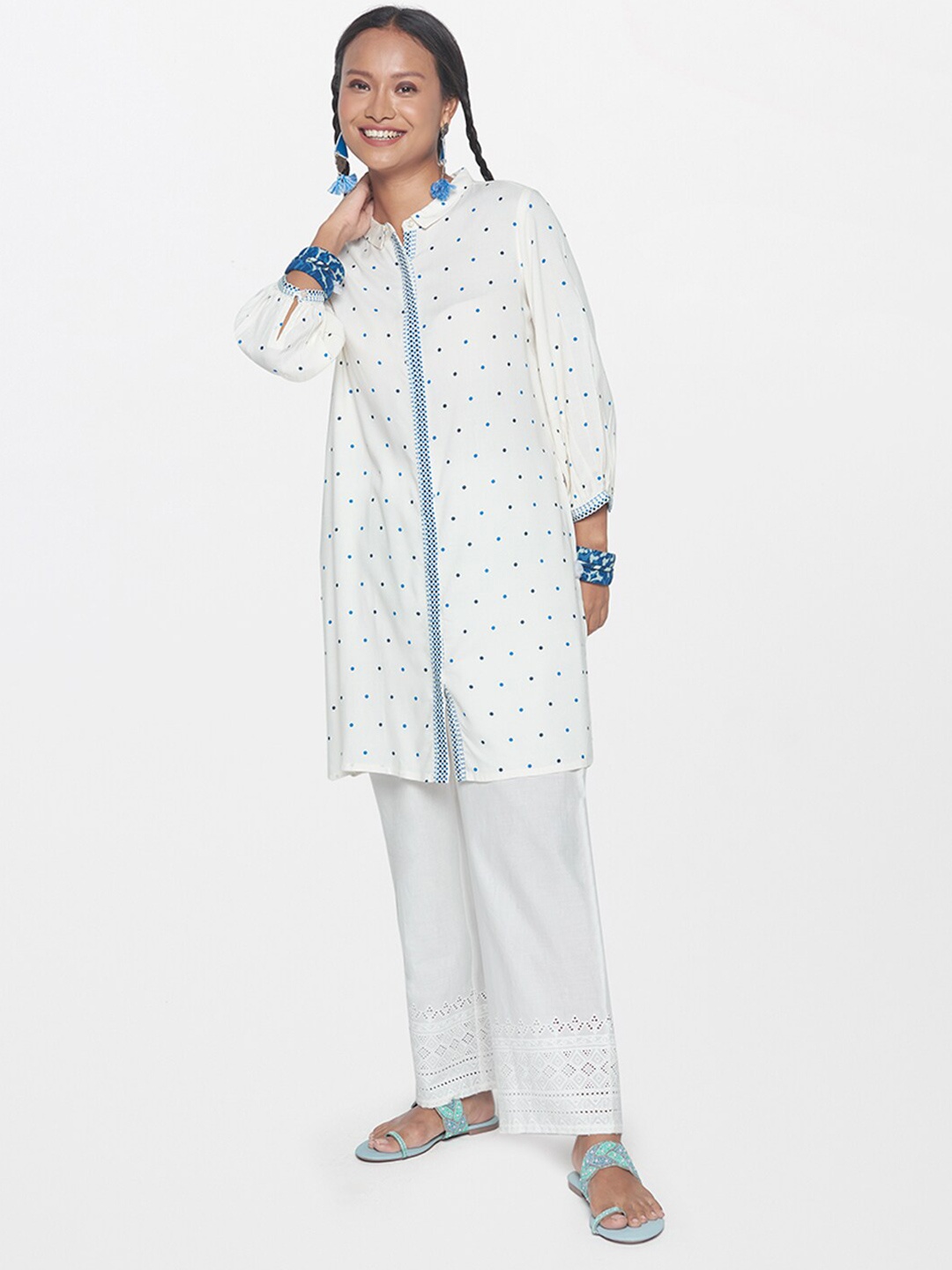 

Global Desi Polka Dots Printed Shirt Collar Cuffed Sleeve Tunic, White