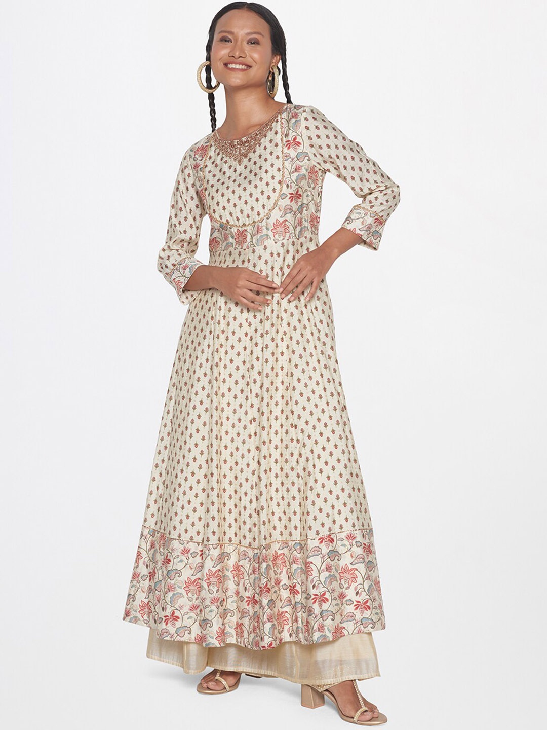 

Global Desi Floral Embroidered V-Neck A-Line Kurta, Off white