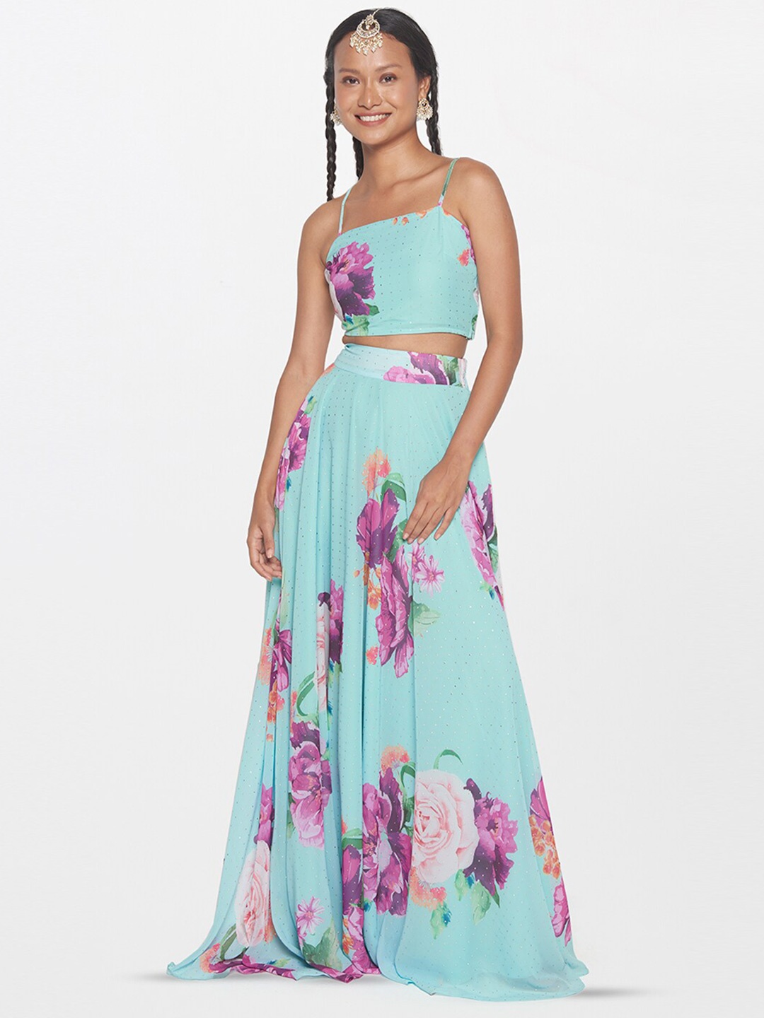 

Global Desi Printed Crop Top & Skirt, Blue