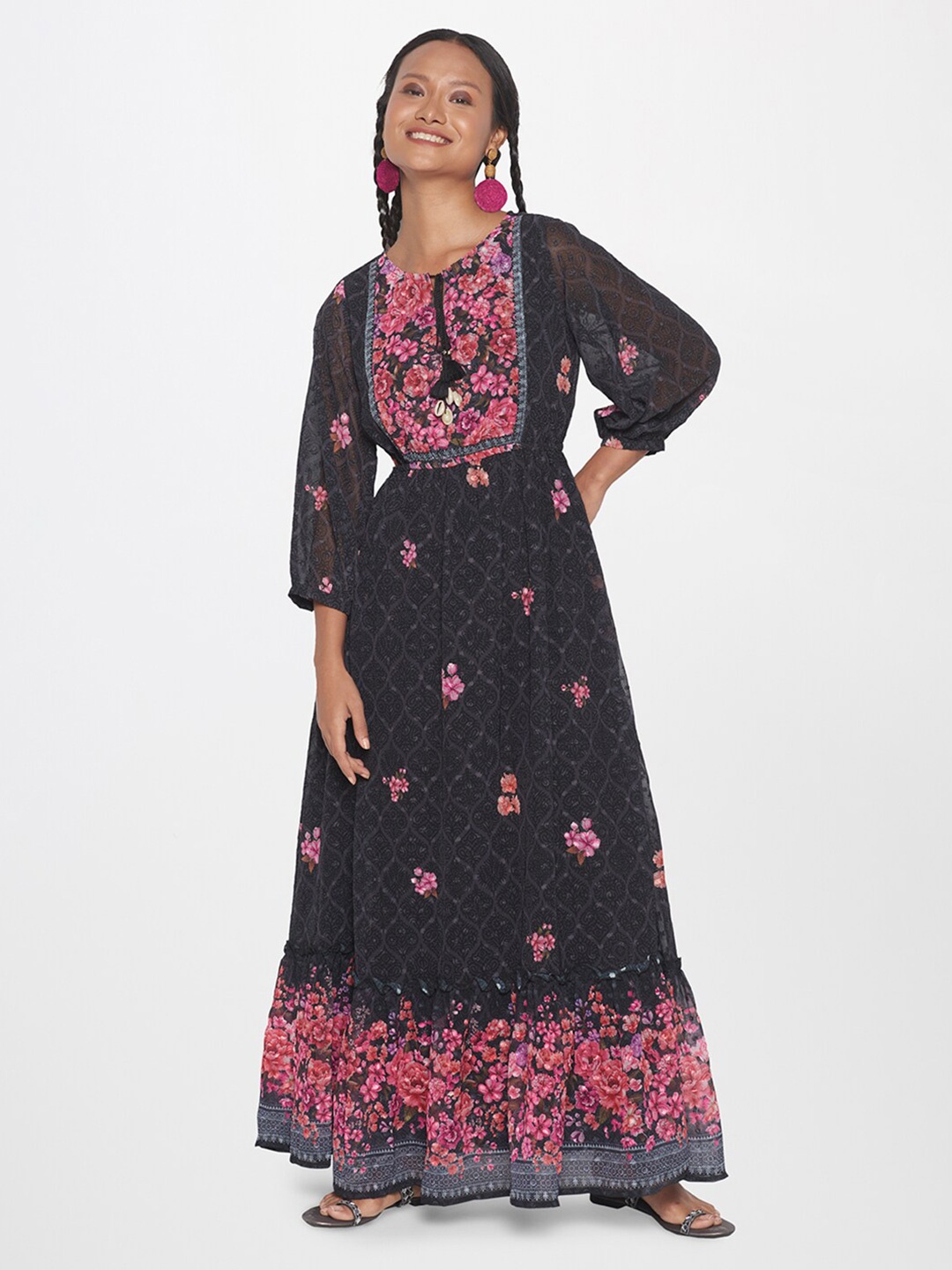 

Global Desi Floral Printed Puff Sleeve Tie Up Maxi Dress, Black