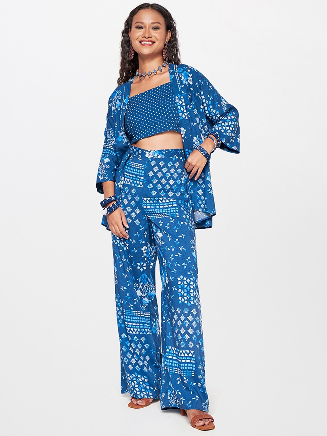 

Global Desi Printed Crop Top With Trouser & Shrug, Blue