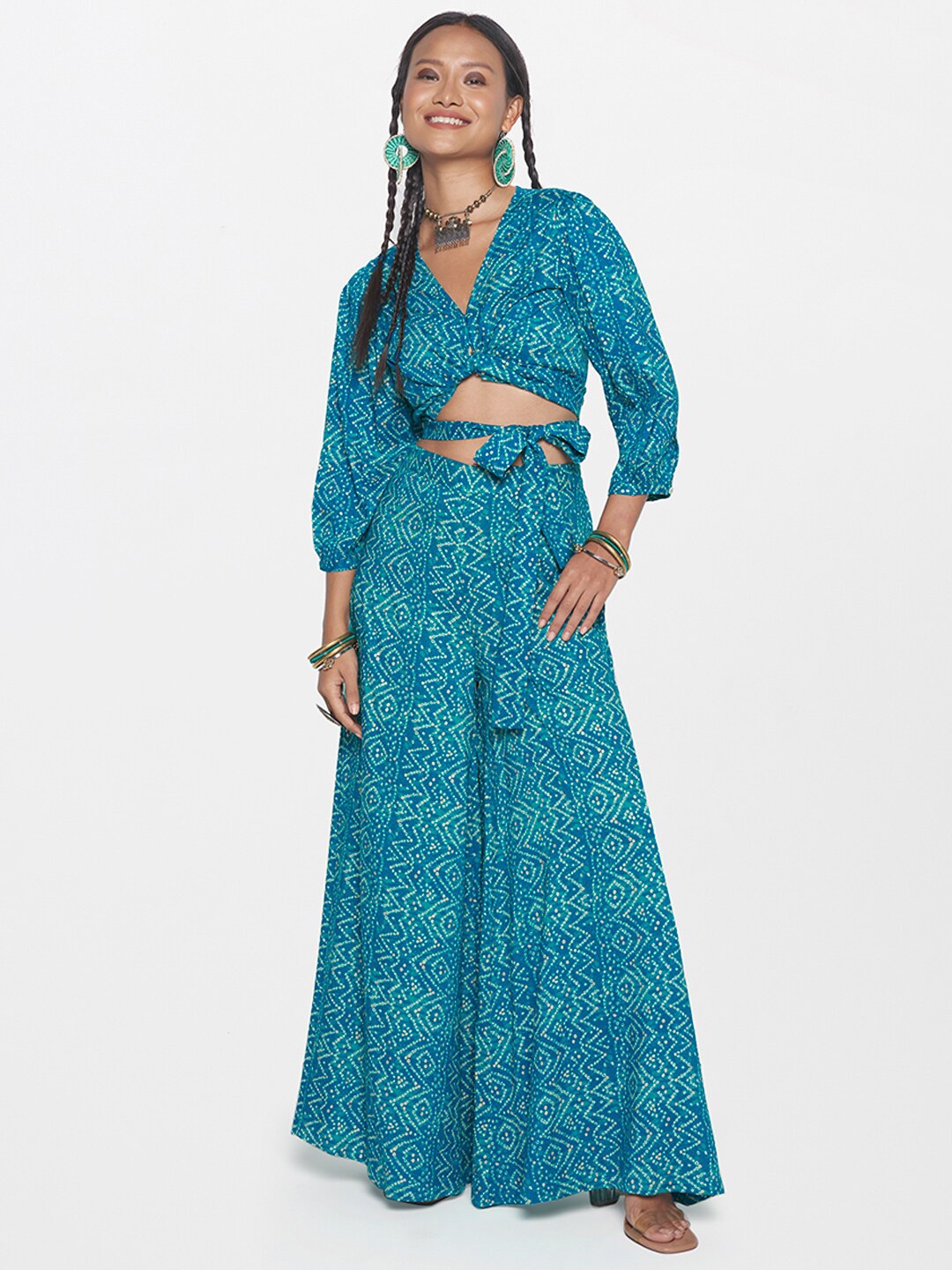 

Global Desi Printed Crop Wrap Top & Palazzo, Teal