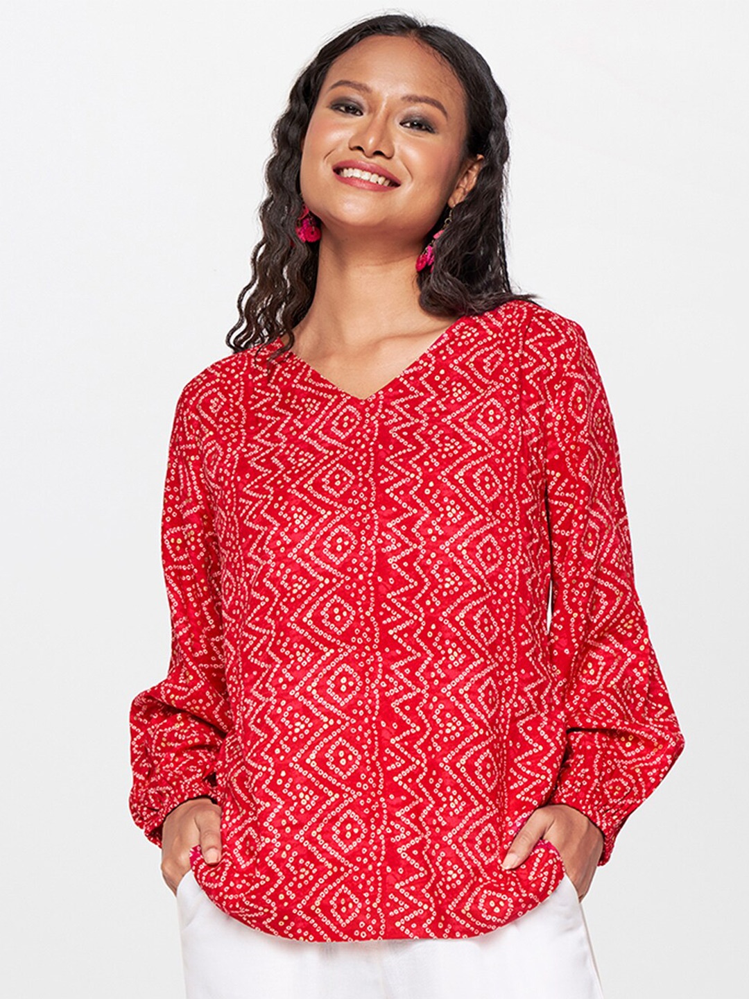 

Global Desi Geometric Printed V-Neck Puff Sleeve Top, Pink