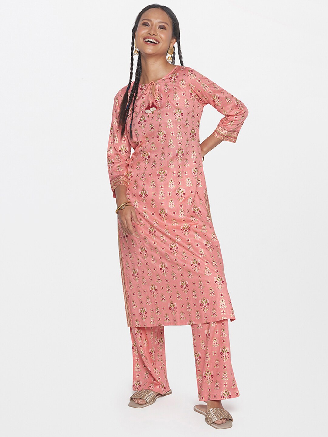 

Global Desi Floral Printed Tie-Up Neck Kurta With Trouser, Coral