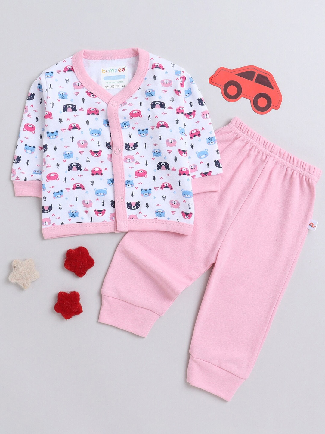 

BUMZEE Infant Girls Graphic Printed Pure Cotton Night suit, Pink