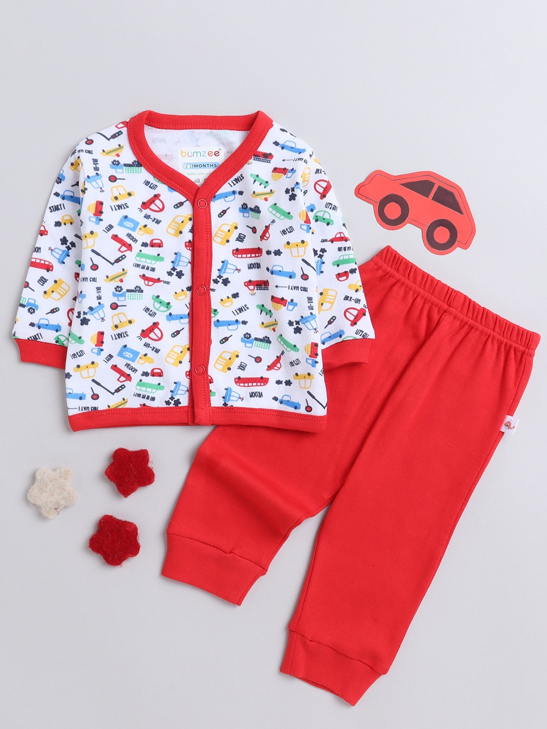 

BUMZEE Infant Boys Printed Pure Cotton Jabla & Pyjama Night suit, White