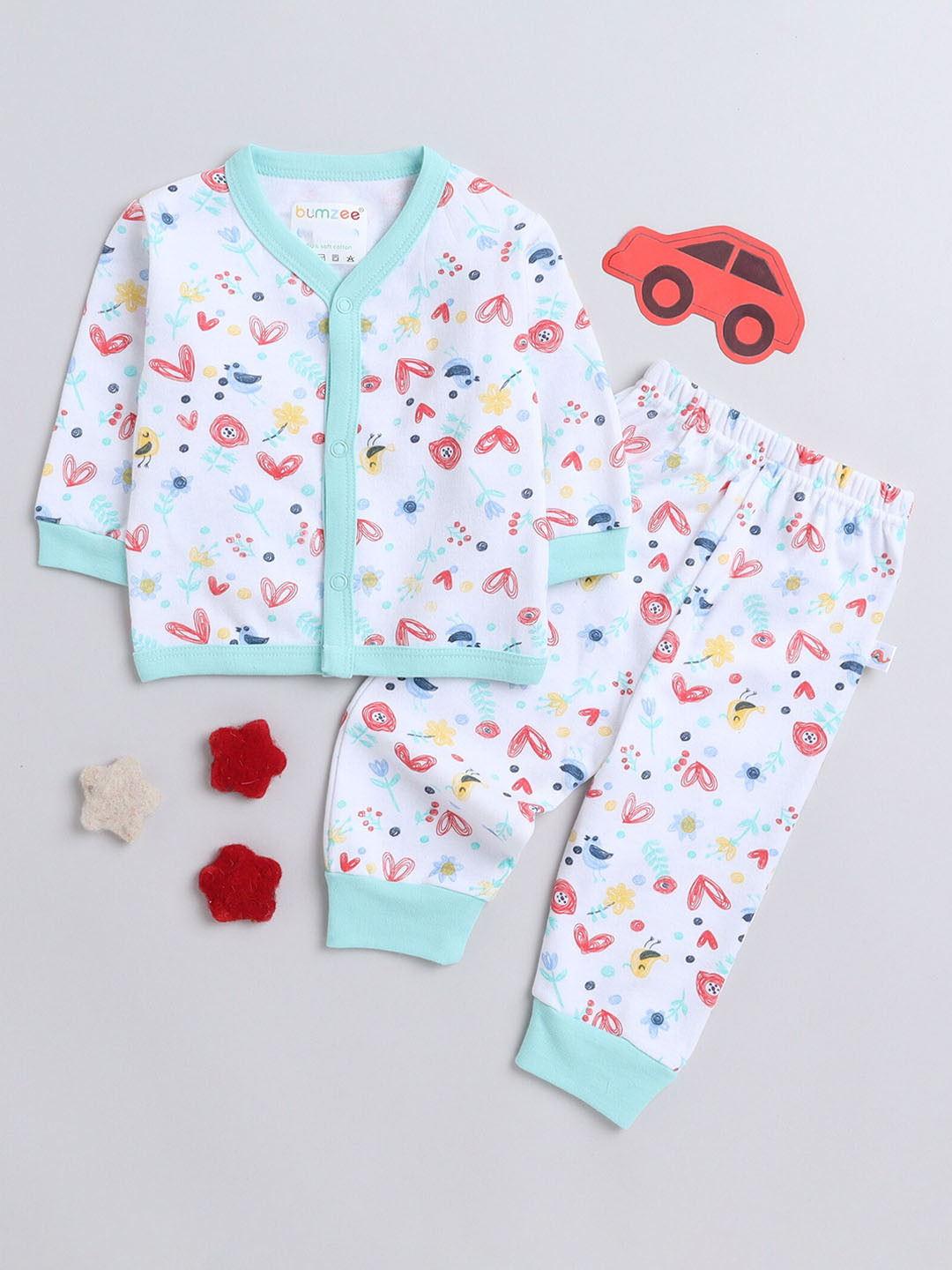 

BUMZEE Infant Girls Conversational Printed Pure Cotton Night suit, White