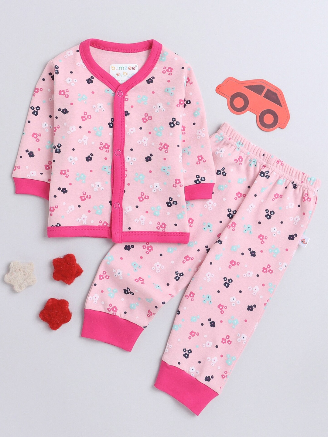 

BUMZEE Infant Girls Floral Printed Pure Cotton Night suit, Pink