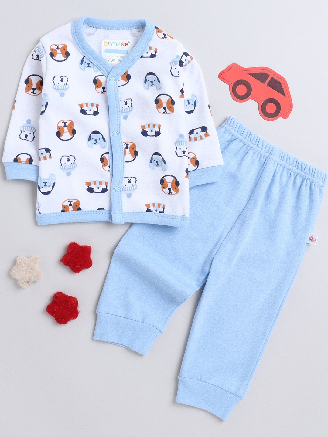 

BUMZEE Infant Boys Blue & White Graphic Printed Pure Cotton Night suit