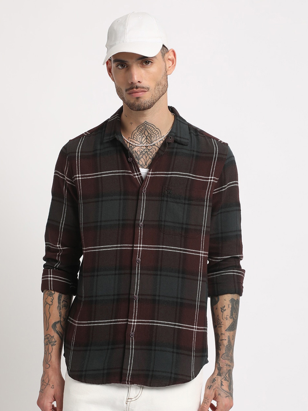 

THE BEAR HOUSE Slim Fit Tartan Checked Pure Cotton Casual Shirt, Maroon