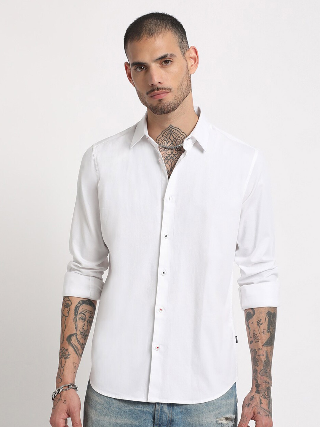 

THE BEAR HOUSE Slim Fit Twill Casual Pure Cotton Shirt, White