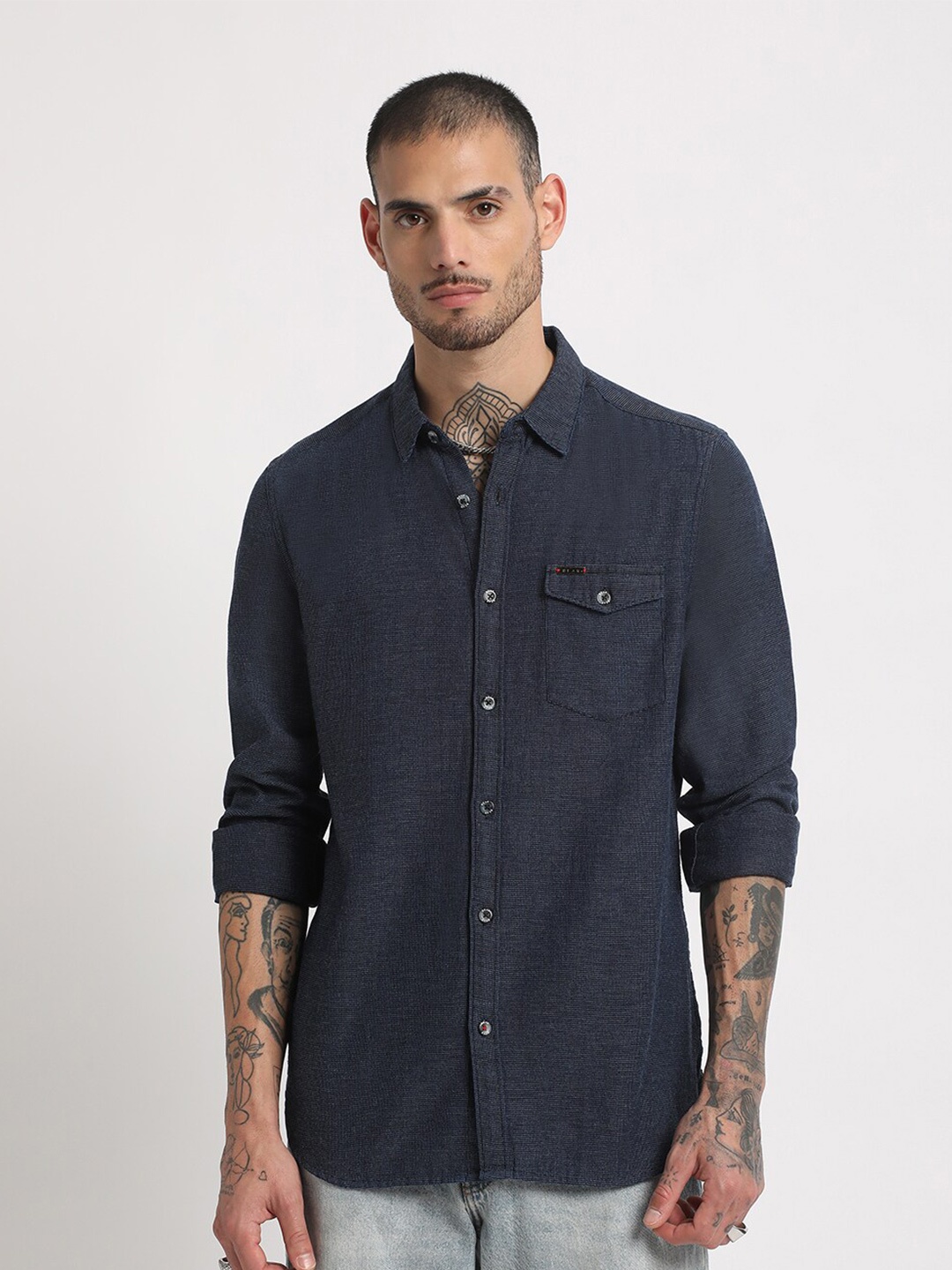 

THE BEAR HOUSE Slim Fit Casual Pure Cotton Shirt, Navy blue
