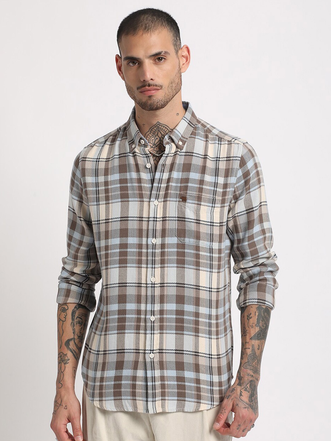 

THE BEAR HOUSE Slim Fit Checked Button-Down Collar Casual Pure Cotton Shirt, Grey