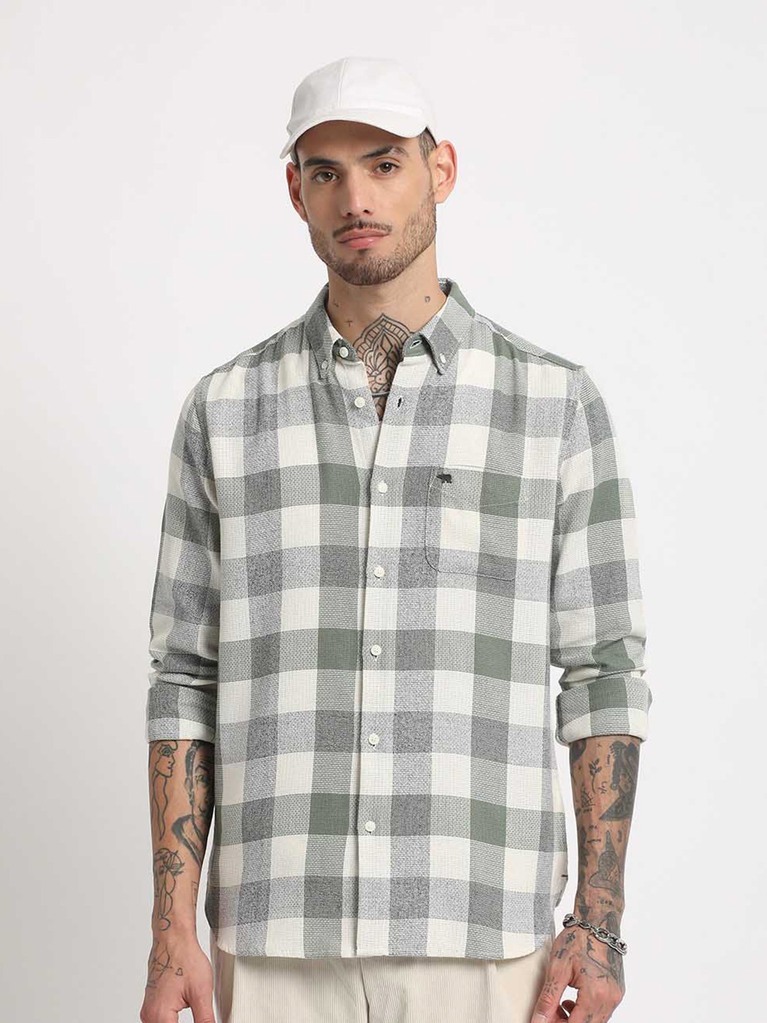 

THE BEAR HOUSE Slim Fit Buffalo Checked Button-Down Collar Casual Shirt, Green