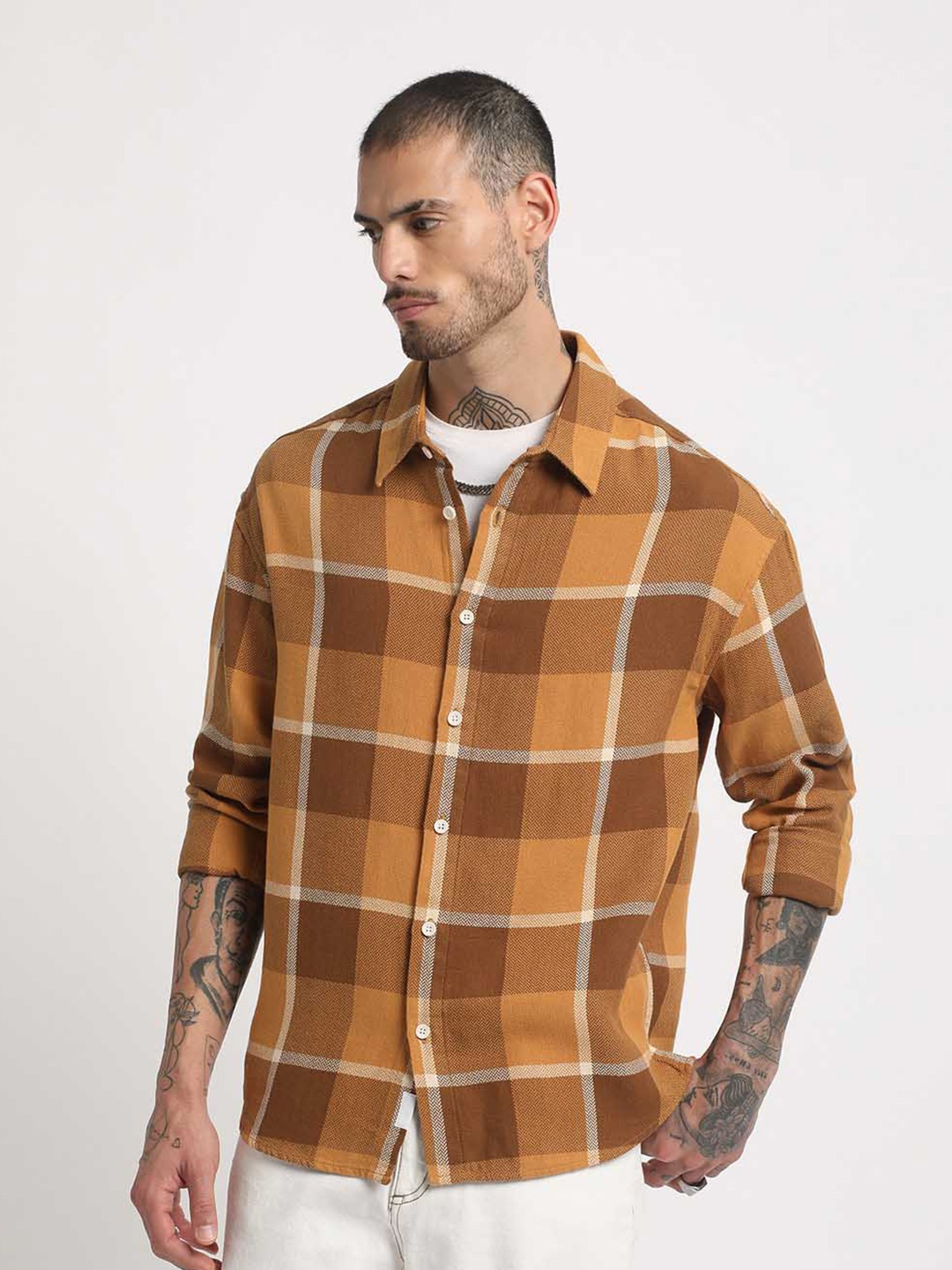 

THE BEAR HOUSE Regular Fit Buffalo Checked Pure Cotton Casual Shirt, Brown