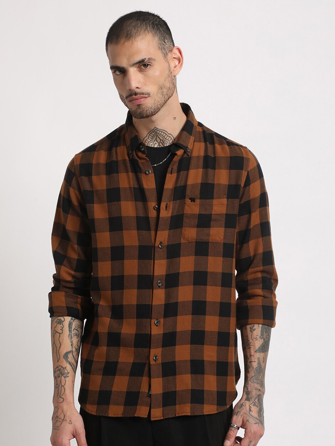 

THE BEAR HOUSE Slim Fit Buffalo Checked Flannel Casual Pure Cotton Shirt, Rust