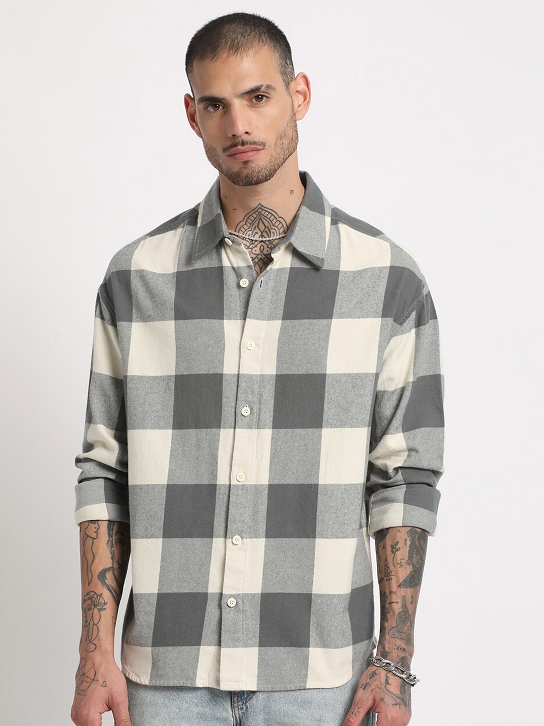 

THE BEAR HOUSE Buffalo Checked Flannel Casual Pure Cotton Shirt, Grey