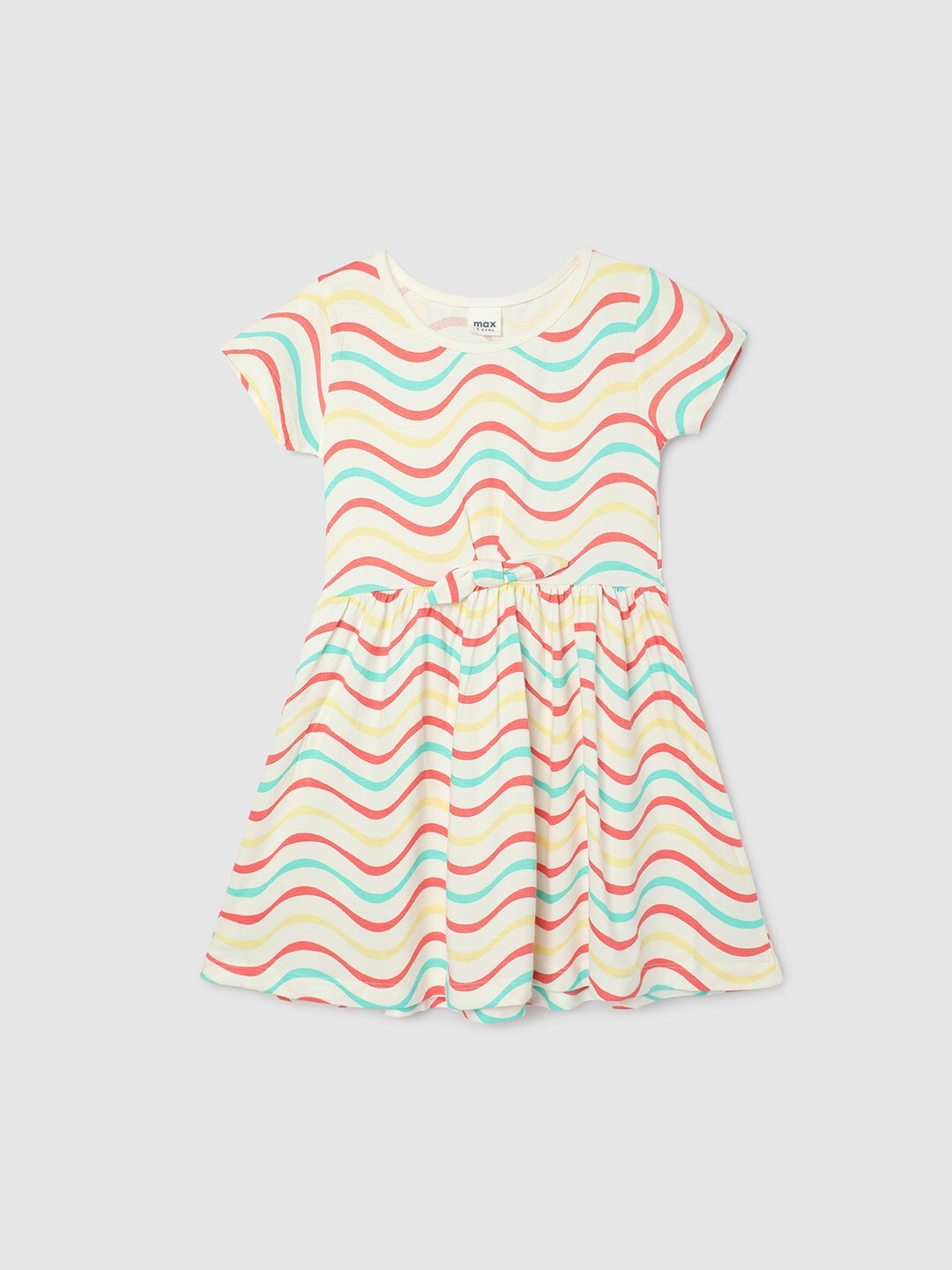 

max Chevron Girls Printed Round Neck Gathered Cotton Fit & Flare Dress, Off white