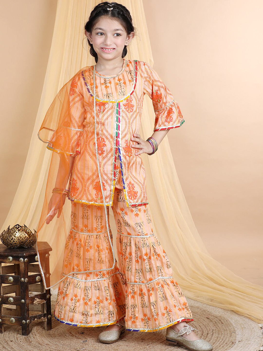 

Cutiekins Girls Printed Gotta Patti Kurta with Sharara & Dupatta, Peach