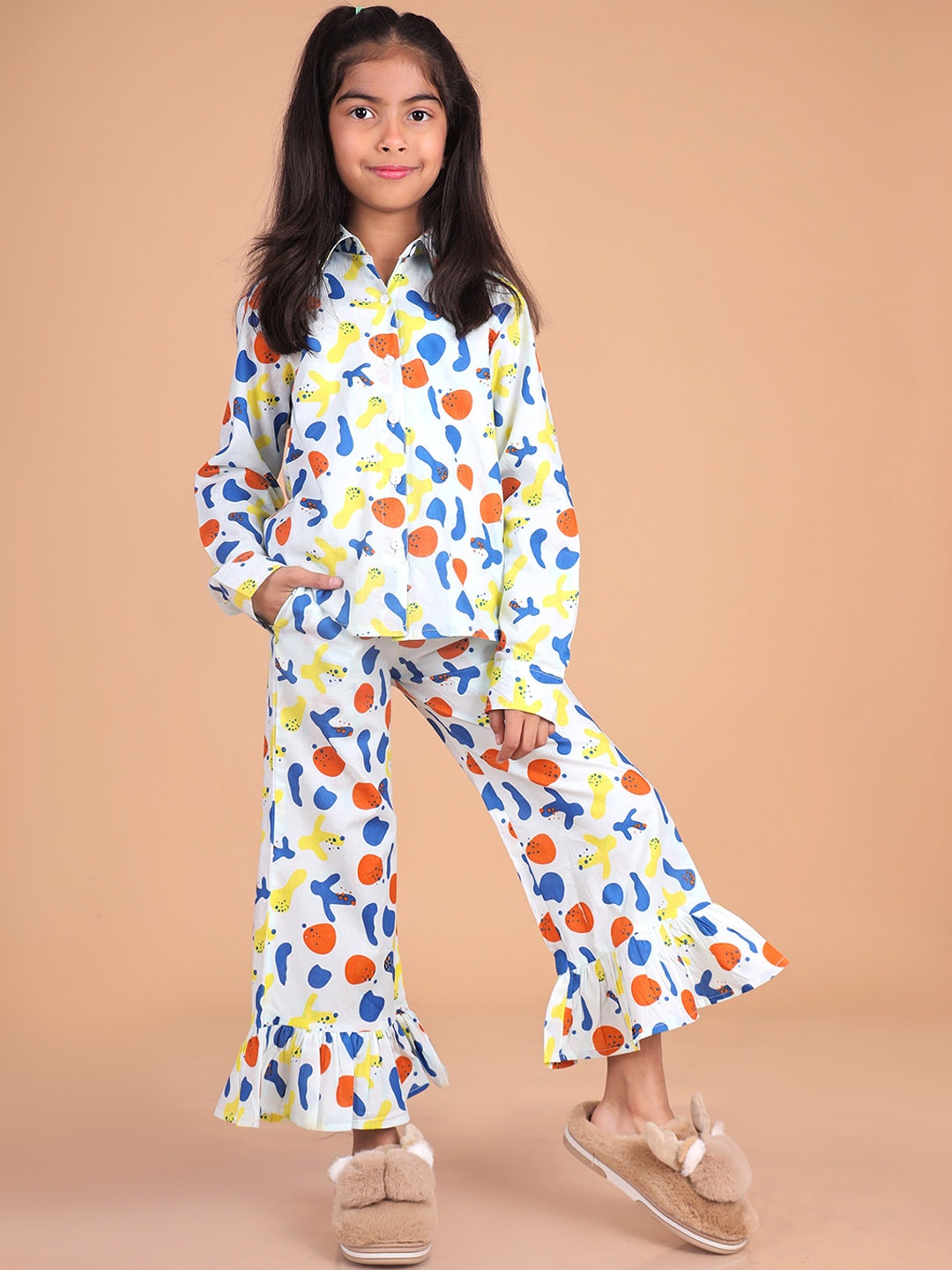 

misbis Girls Conversational Printed Pure Cotton Night suit, White
