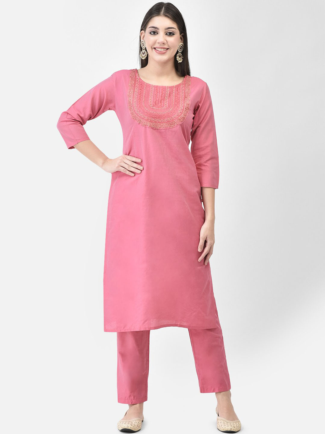 

Span Yoke Design Straight Kurta With Trousers, Pink