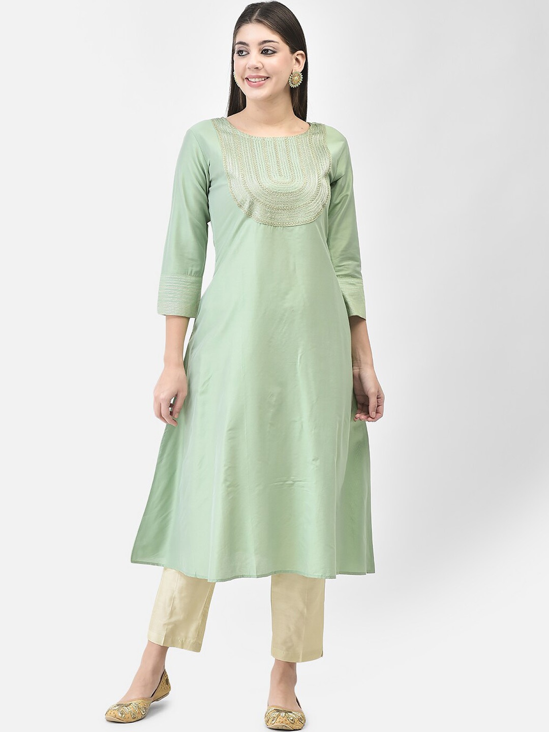 

Span Yoke Design Straight Kurta With Trousers, Green
