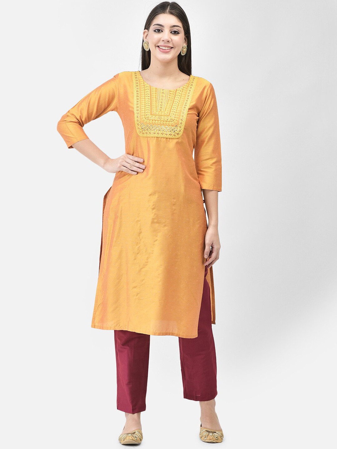 

Span Yoke Design Straight Kurta With Trousers, Yellow