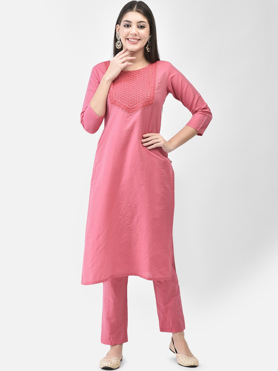 

Span Printed Straight Kurta With Trousers, Pink