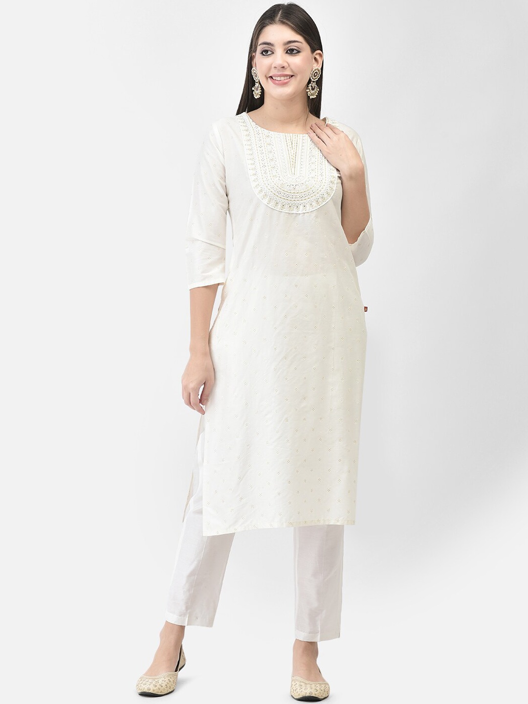 

Span Yoke Design Straight Kurta With Trousers, White