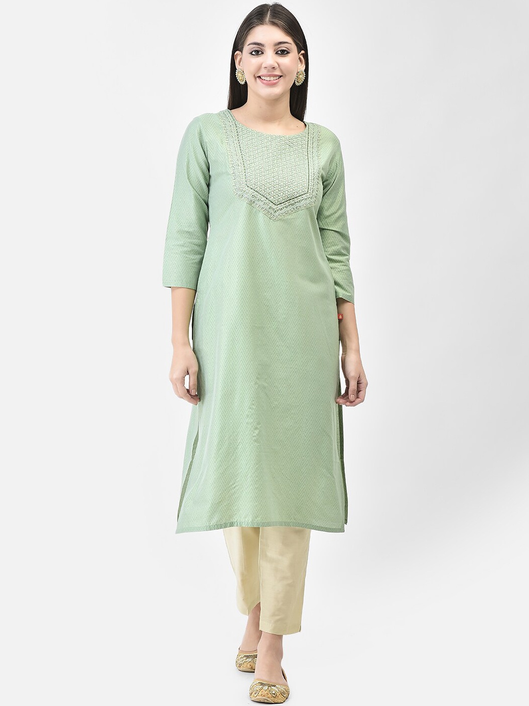 

Span Yoke Design Straight Kurta With Trousers, Green