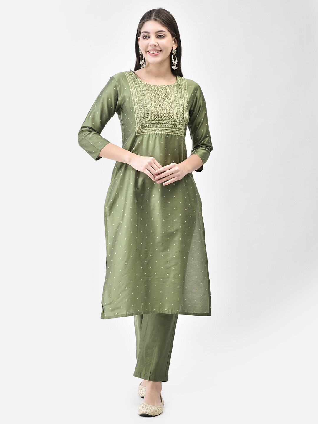

Span Printed Straight Kurta With Trousers, Green