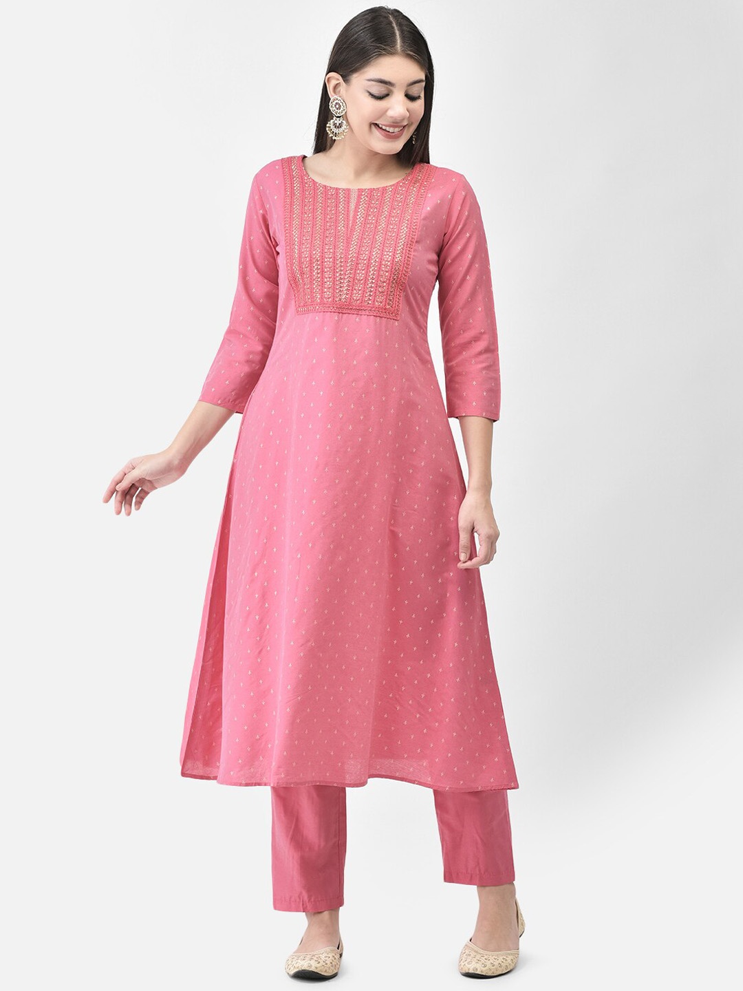 

Span Printed A-Line Kurta With Trousers, Pink