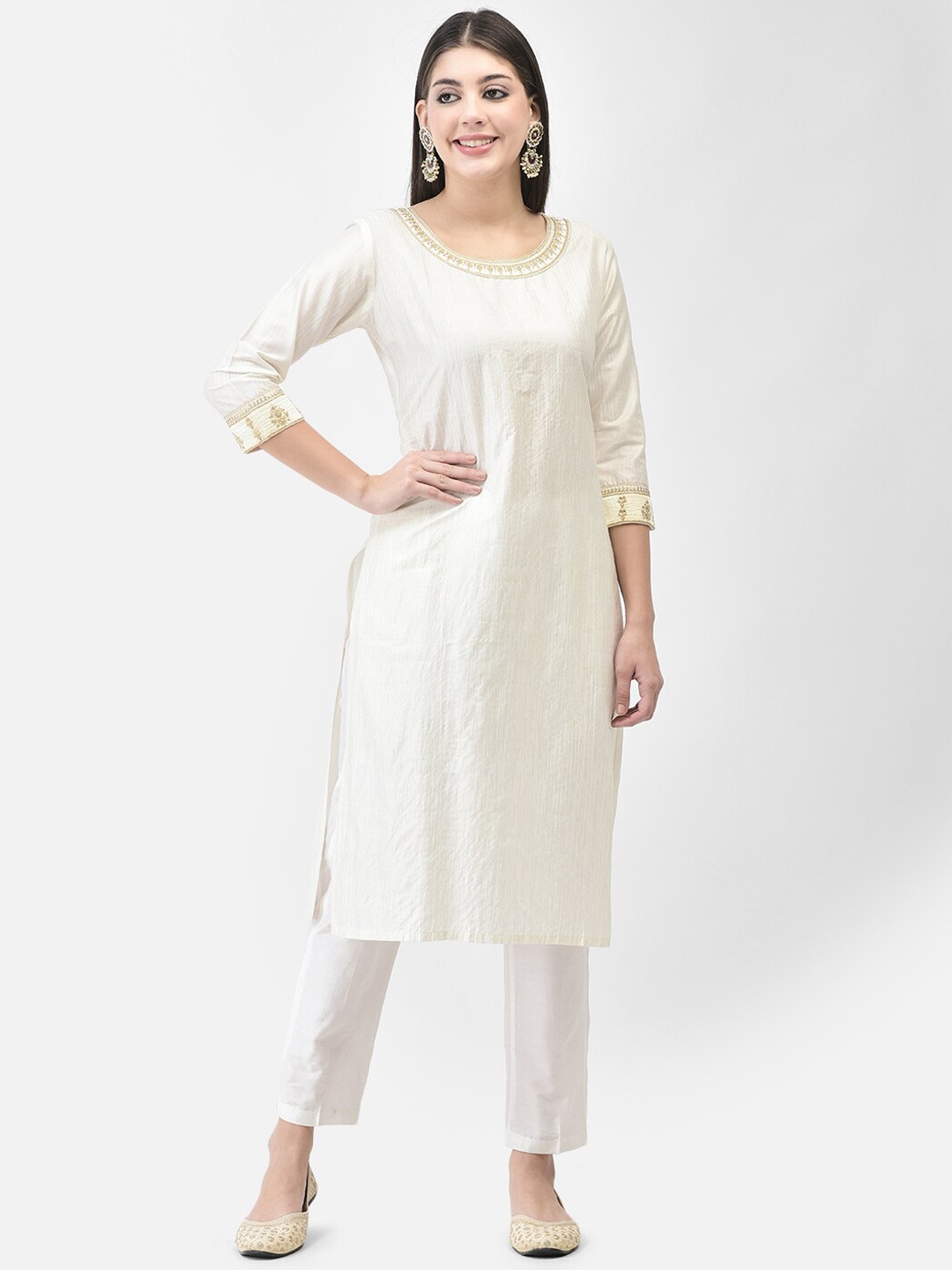 

Span Printed Straight Kurta With Trousers, White