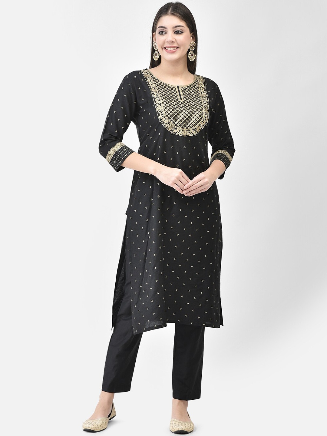 

Span Printed Straight Kurta With Trousers, Black